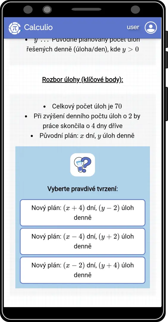 Ukázka slovní úlohy (řešení rovnic krok za krokem, interaktivní režim) v aplikaci Calculio loading=
